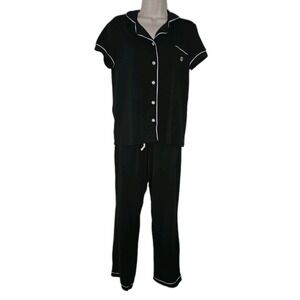 Born Womens S Pajama Set Black Short Sleeve Button Up & Pants Embroided Logo‎